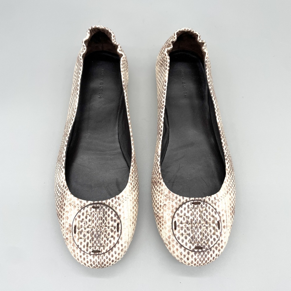 Tory Burch Minnie Travel Ballet Flats Womens 9M Snake Print Leather Brown Cream